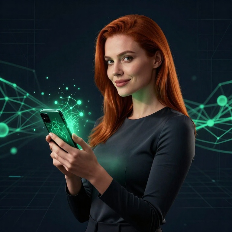 Уверенная женщина с смартфоном на фоне абстрактной блокчейн сети Tron — иллюстрация к статье о комиссиях USDT TRC20